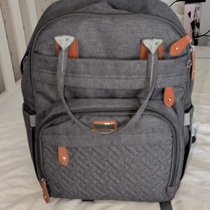 Gray Quilted Baby Diaper Backpack with Brown Trim